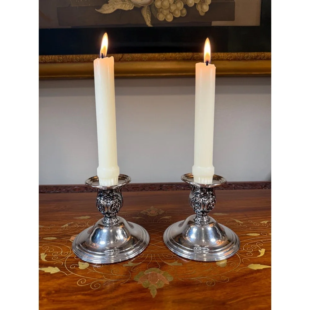 Vintage Wm Rogers Silverplate Candlestick Holders Pair • Victorian Rose Pattern